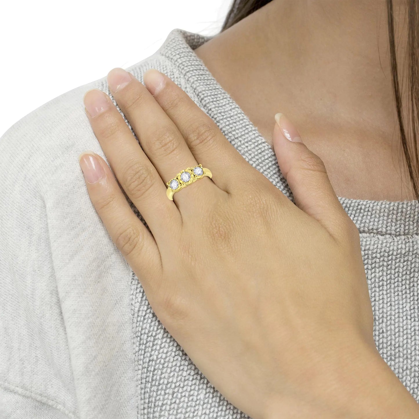 14K Yellow Gold Plated .925 Sterling Silver 1.00 Cttw Miracle-Set Round Diamond Three Stone Engagement Ring (K-L Color, I1-I2 Clarity) - Ultimate Online Marketplace